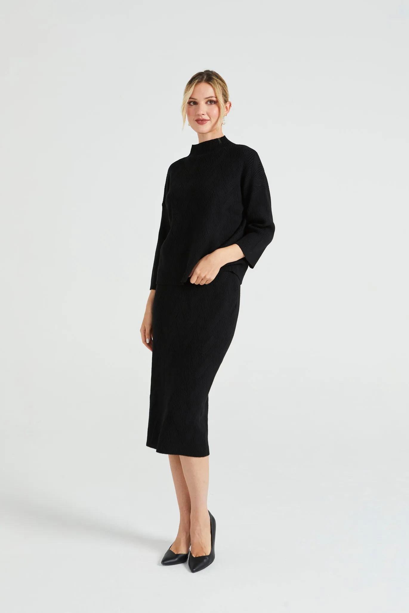 Angeleye Turtle Neck Knitted Pattern Jumper & Midi Skirt