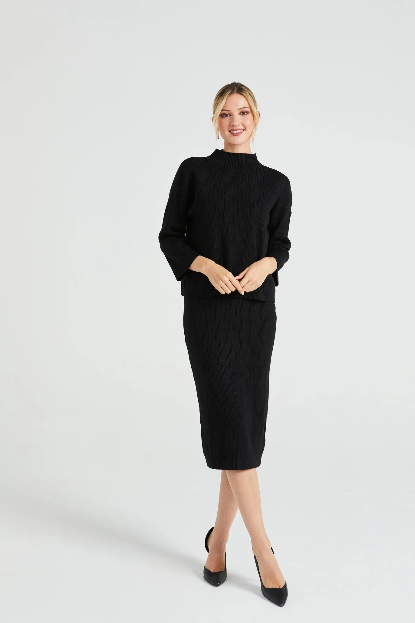 Angeleye Turtle Neck Knitted Pattern Jumper & Midi Skirt