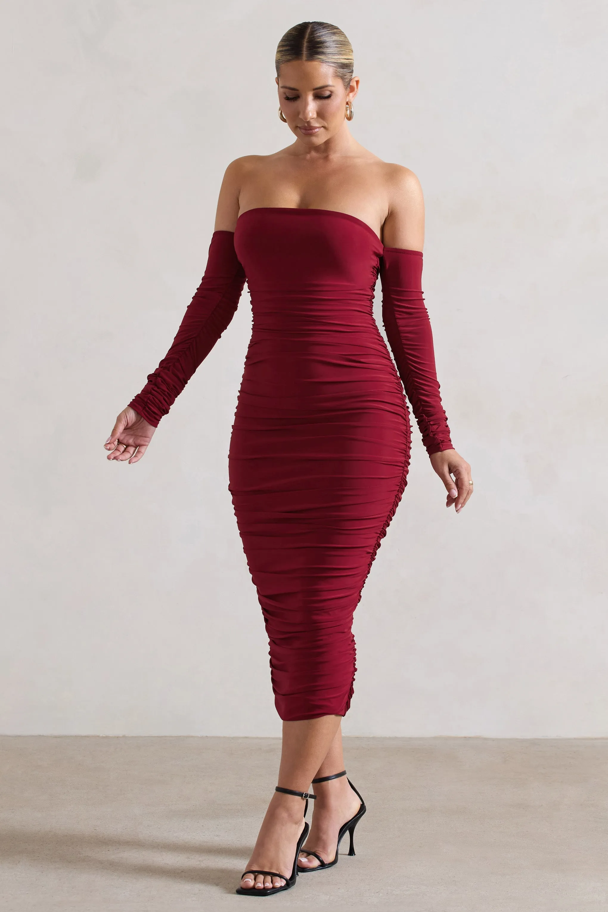 Anissa | Berry Ruched Bardot Midi Dress