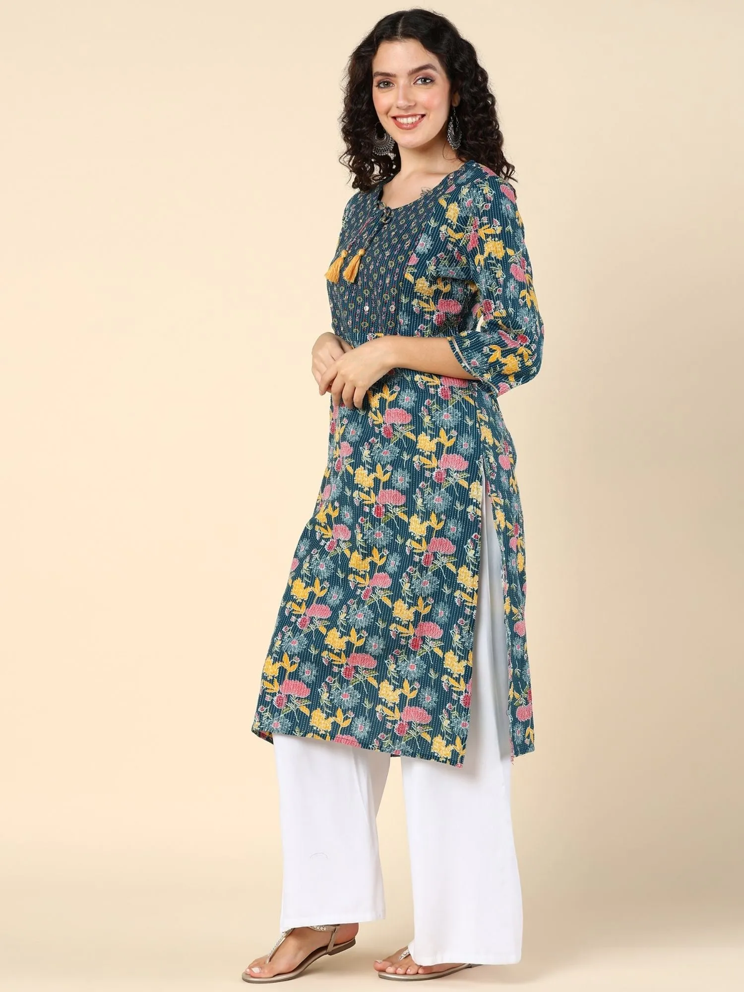 Azure Blossom Feeding Kurti with Pocket