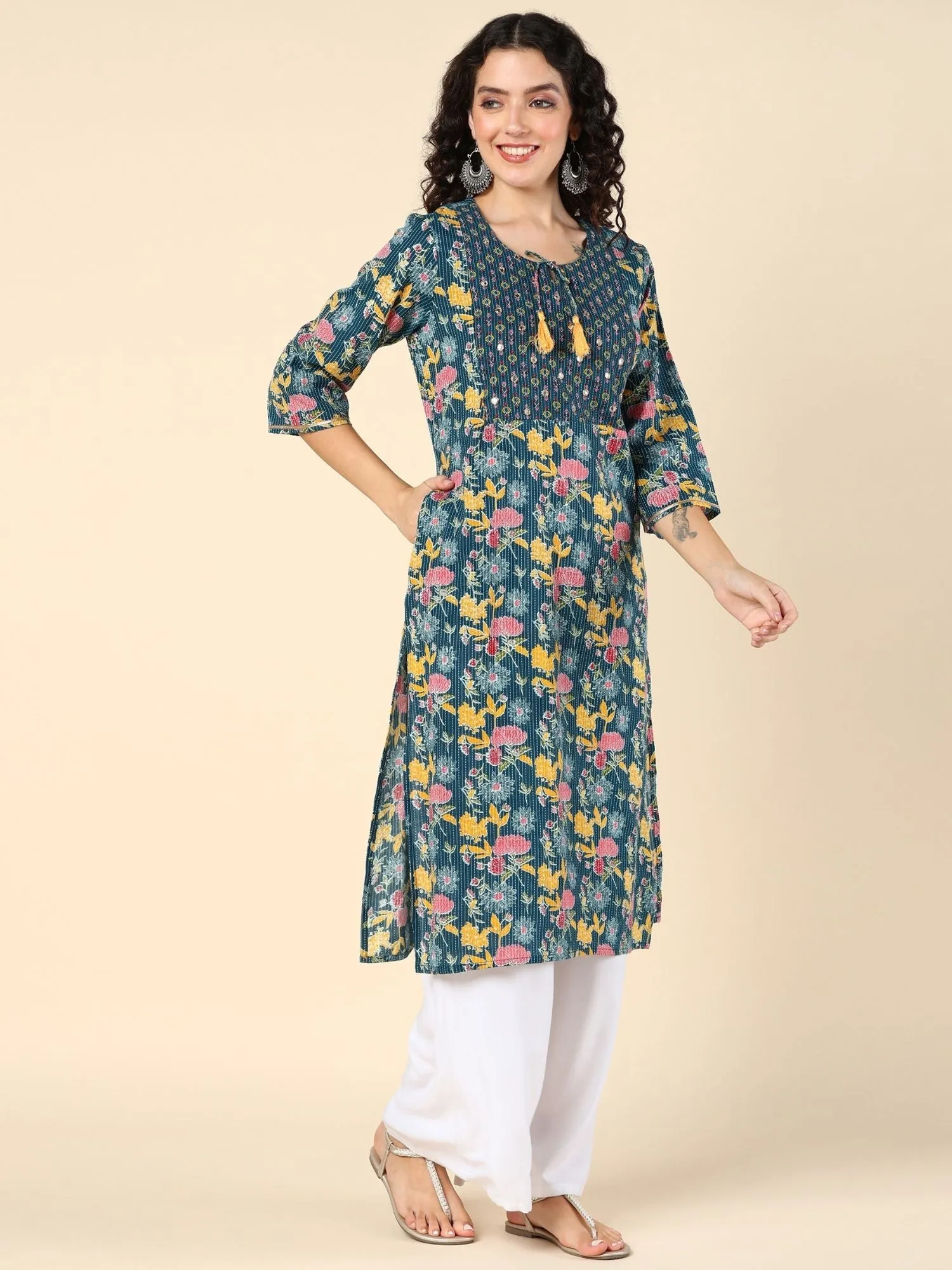 Azure Blossom Feeding Kurti with Pocket