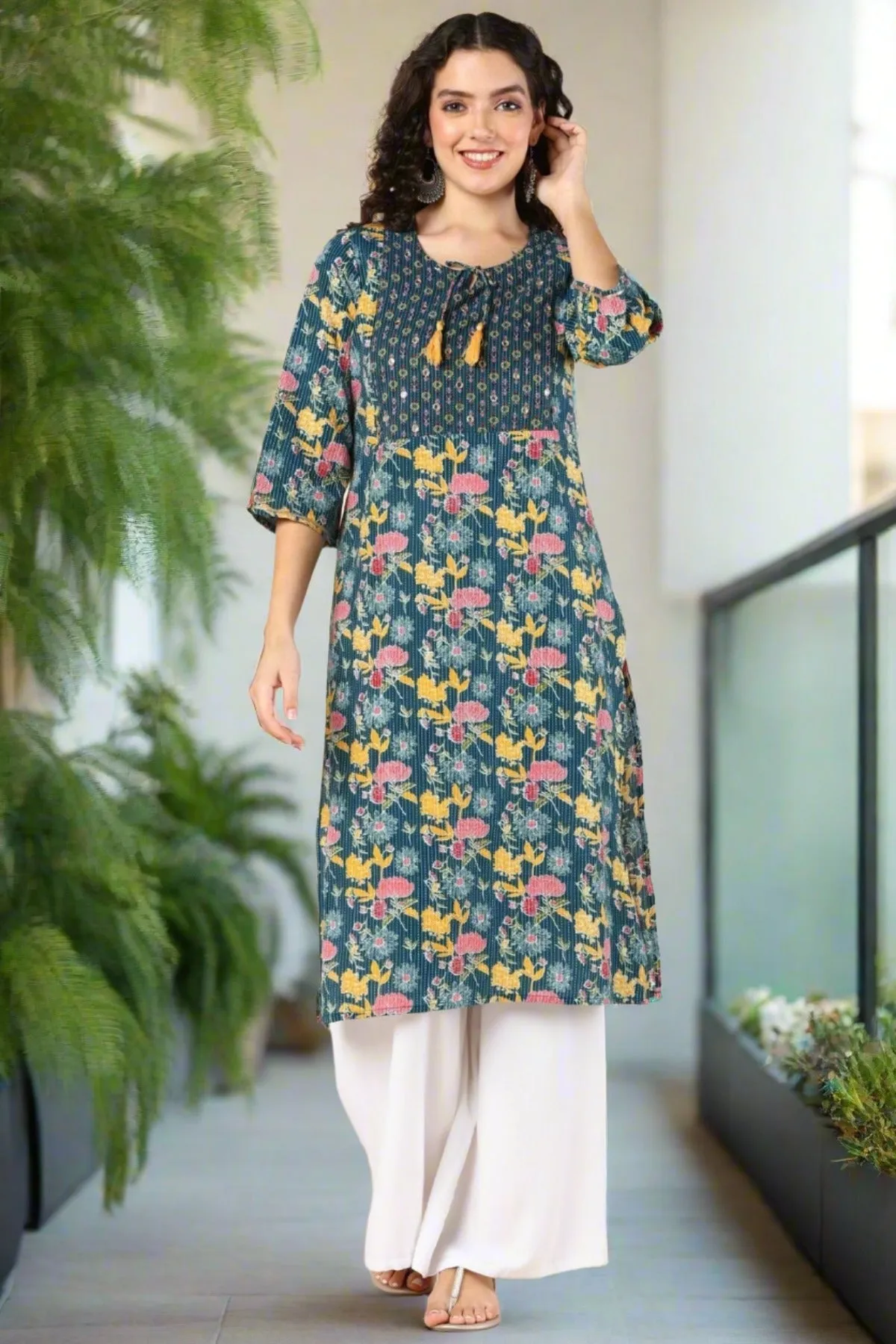 Azure Blossom Feeding Kurti with Pocket