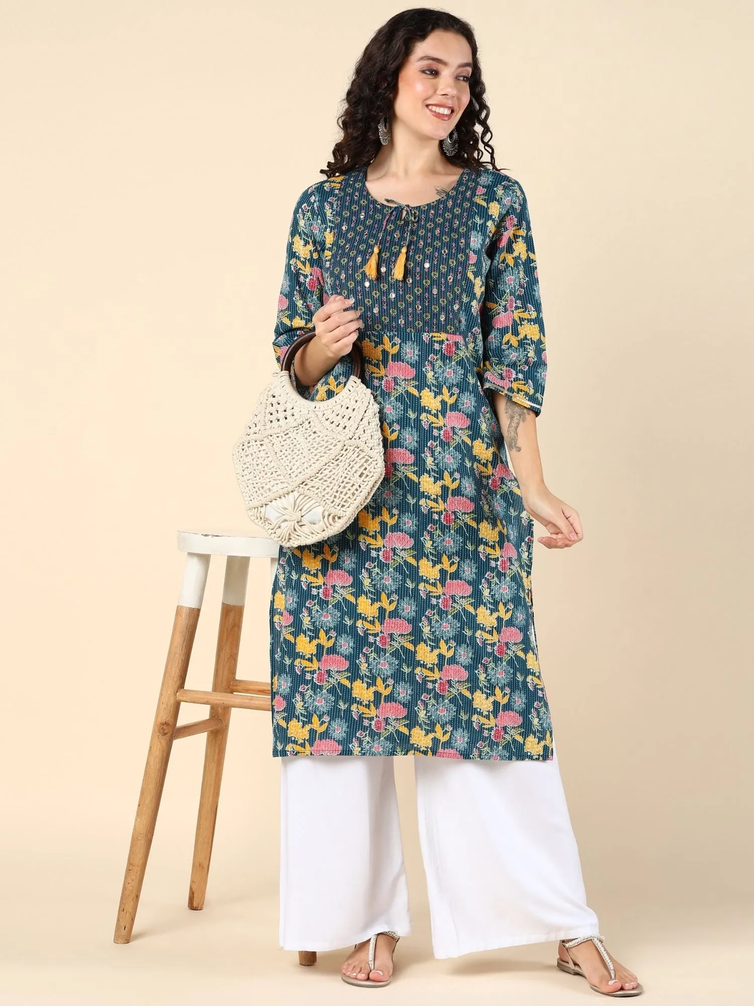 Azure Blossom Feeding Kurti with Pocket