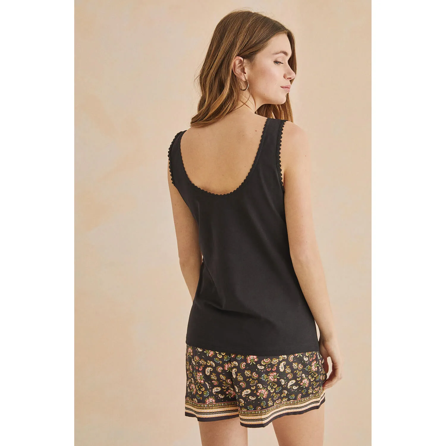 Black Cotton And Lace Vest Top - Black