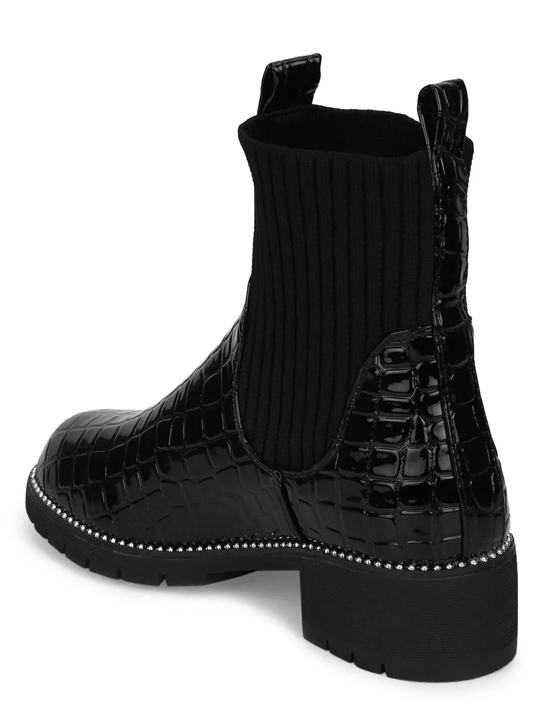 Black Croc Patent Studded Sock Ankle Boots