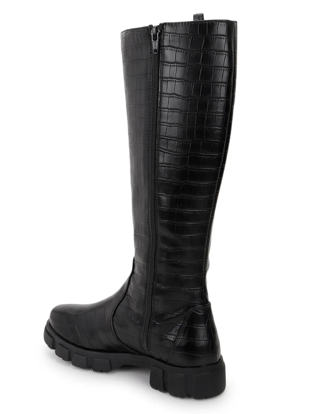 Black Croc PU Kitten Long Boots (TC-ST-1308-BLKCROC)