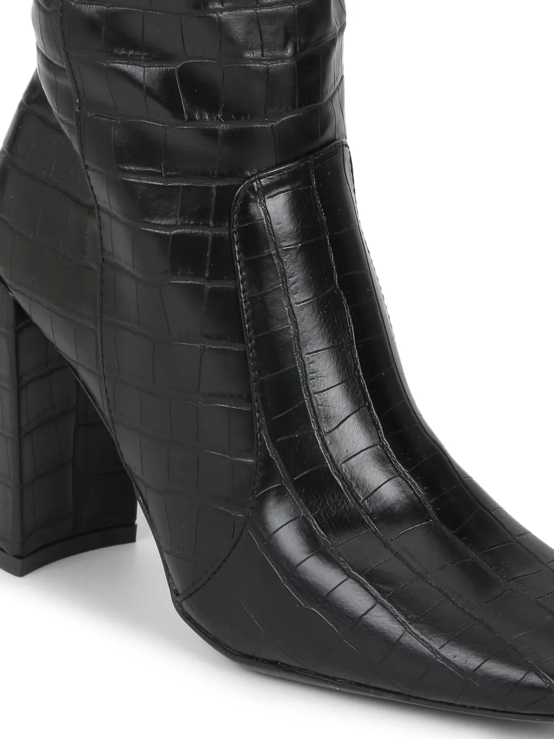 Black Croc PU Knee High Boots