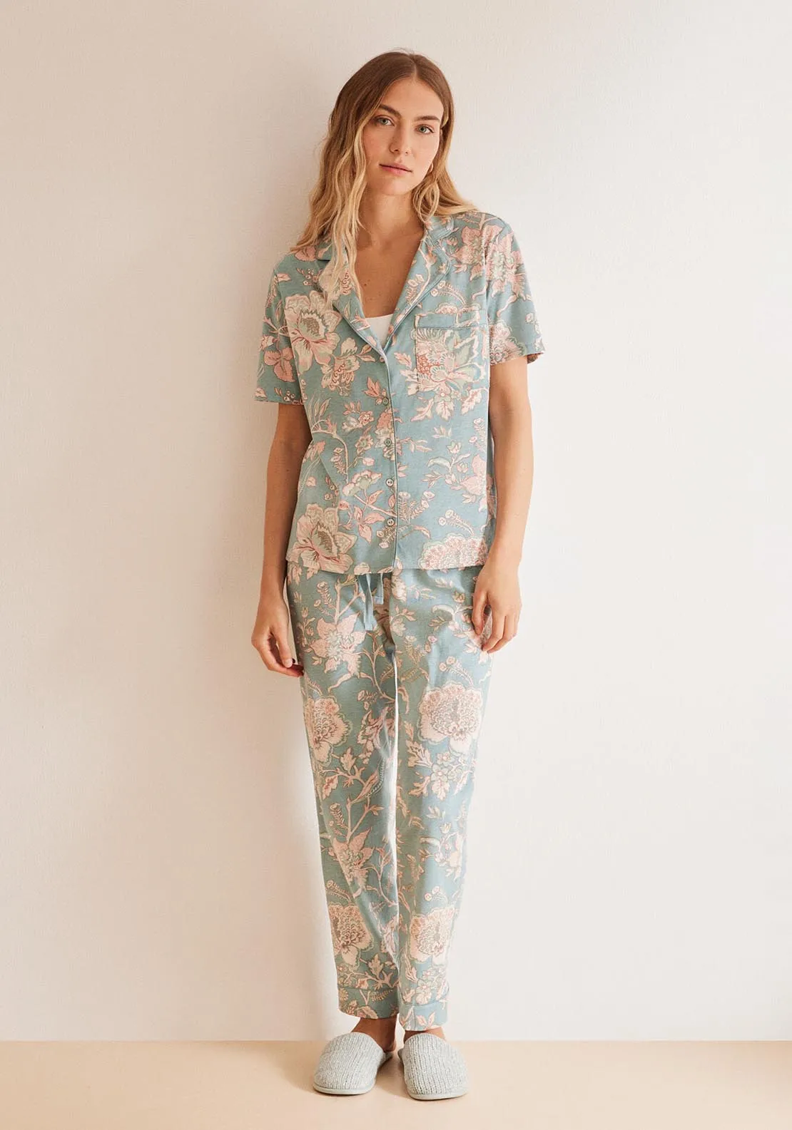 Blue floral 100% cotton classic pyjamas - Blue