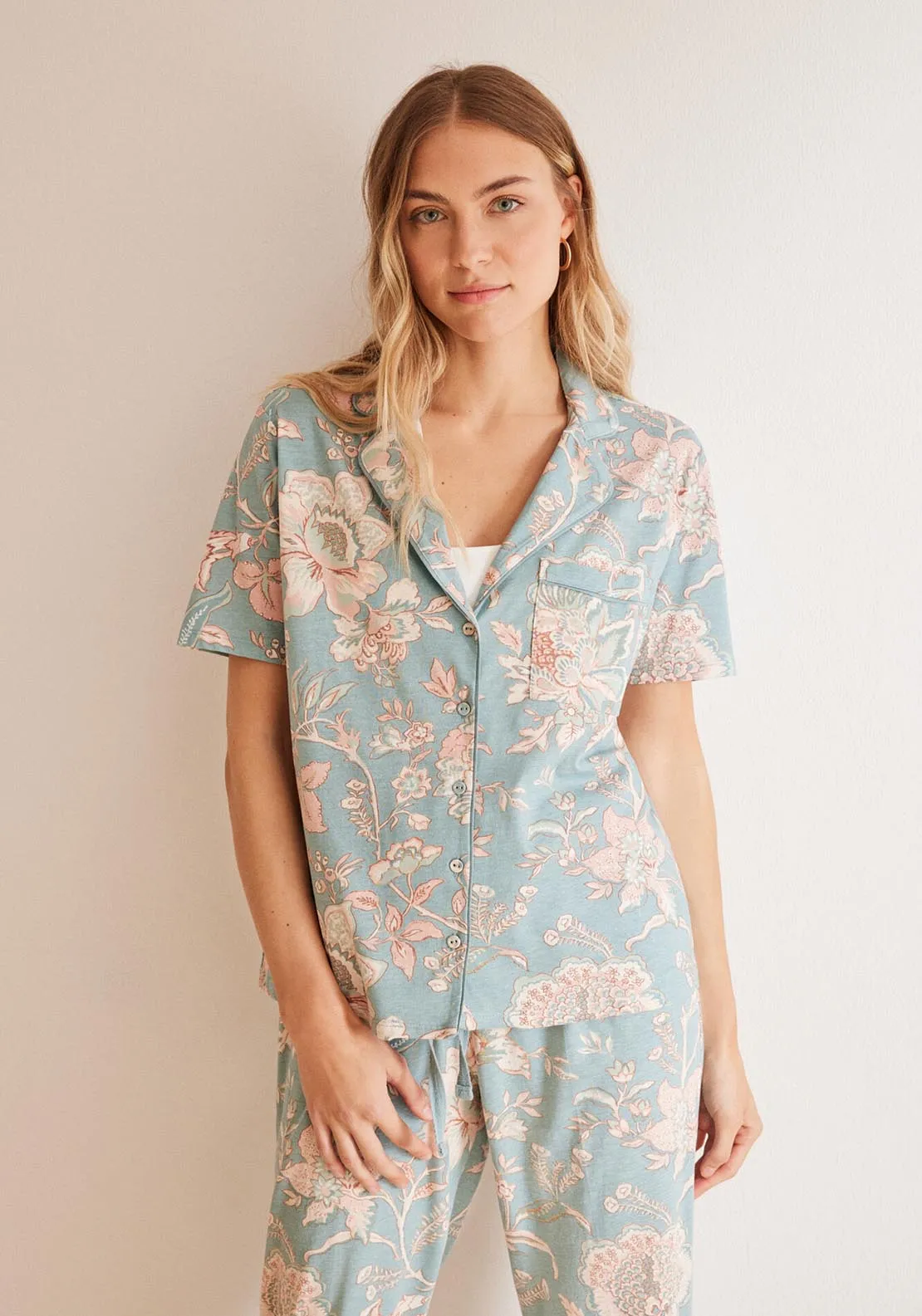 Blue floral 100% cotton classic pyjamas - Blue