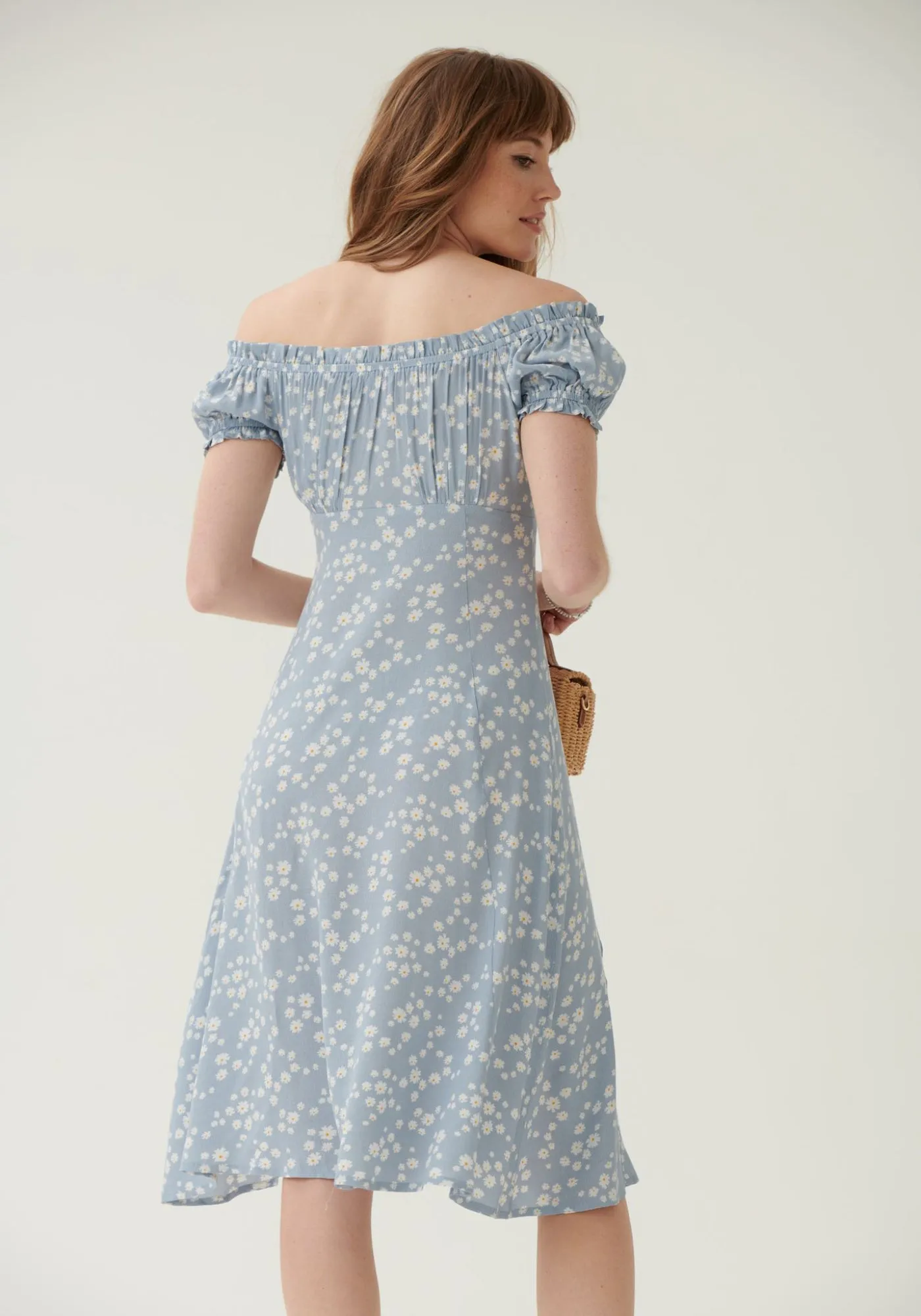 Blue Floral Button Down Bardot Midi Dress - Outlet