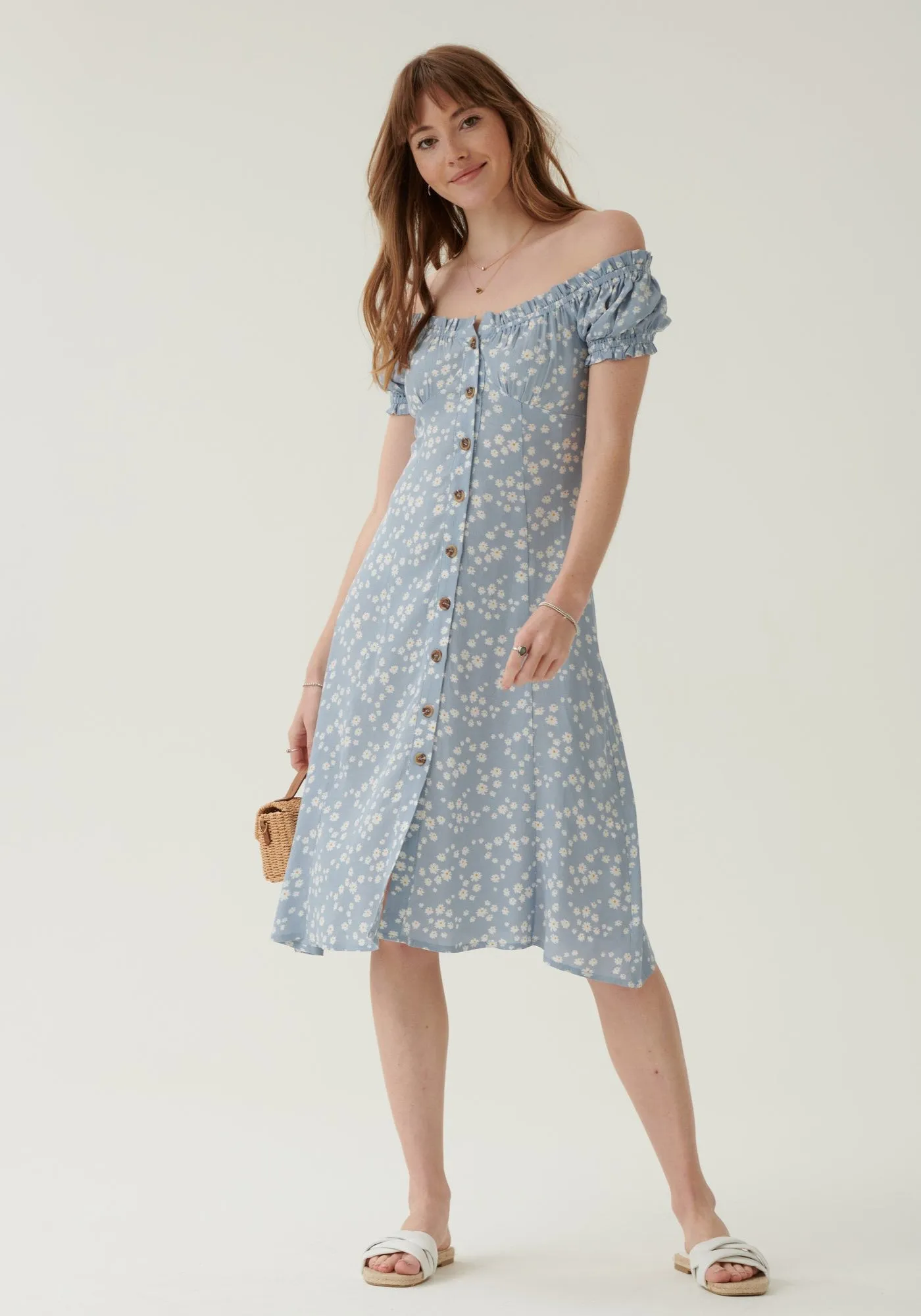 Blue Floral Button Down Bardot Midi Dress - Outlet