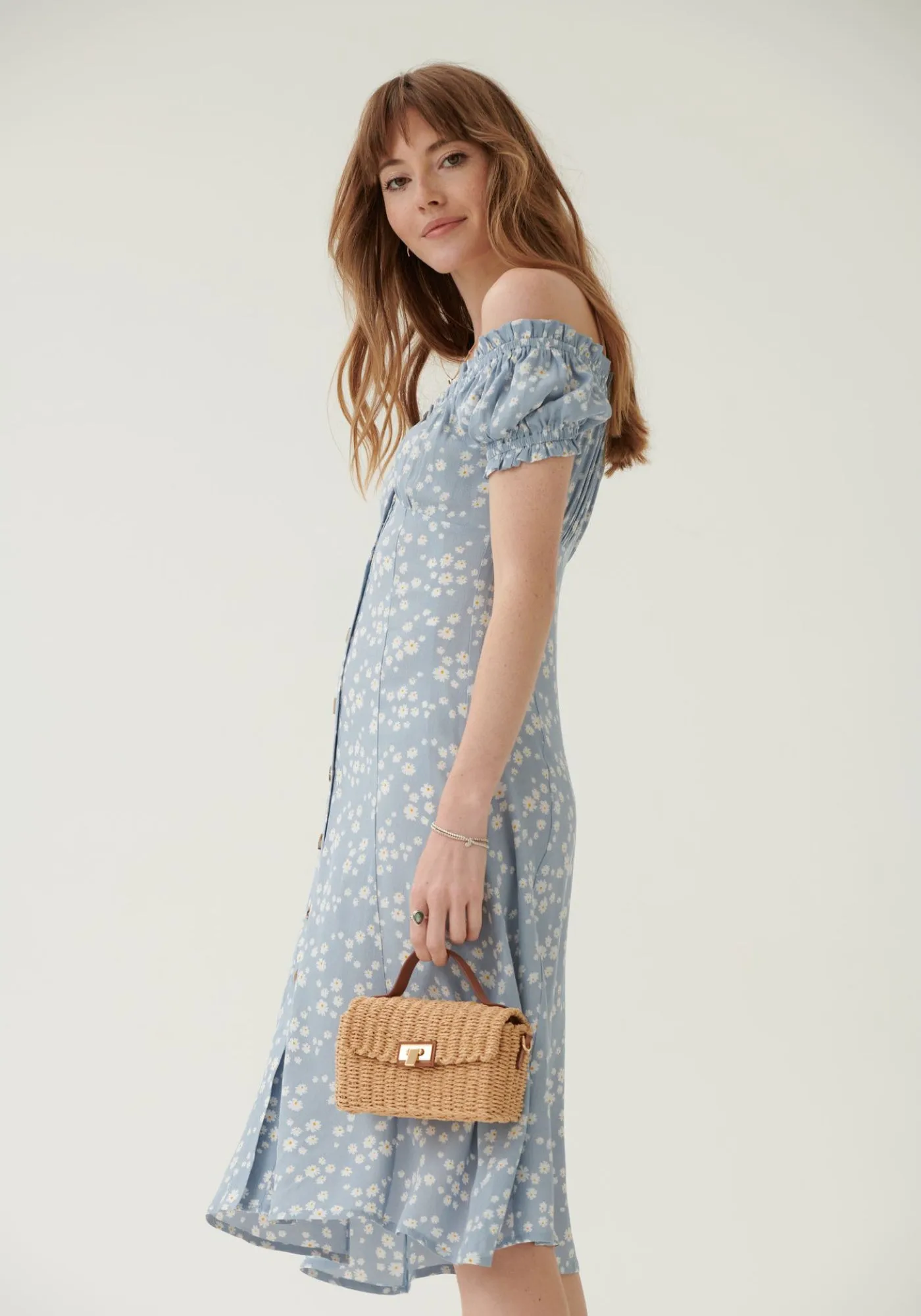 Blue Floral Button Down Bardot Midi Dress - Outlet