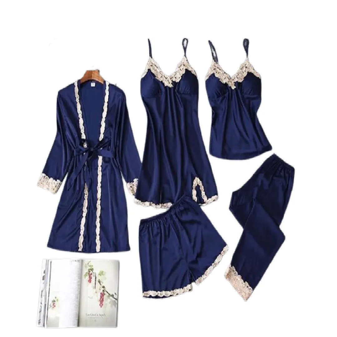 Bridal Nighty Set  Women Lace Silk Print Set Sleepwear 5Pcs Nightwear Set for Women