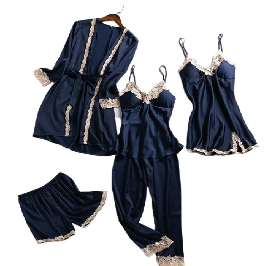 Bridal Nighty Set  Women Lace Silk Print Set Sleepwear 5Pcs Nightwear Set for Women