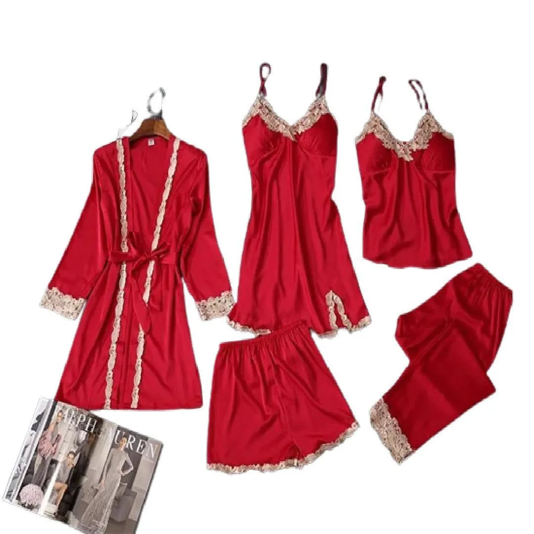 Bridal Nighty Set  Women Lace Silk Print Set Sleepwear 5Pcs Nightwear Set for Women