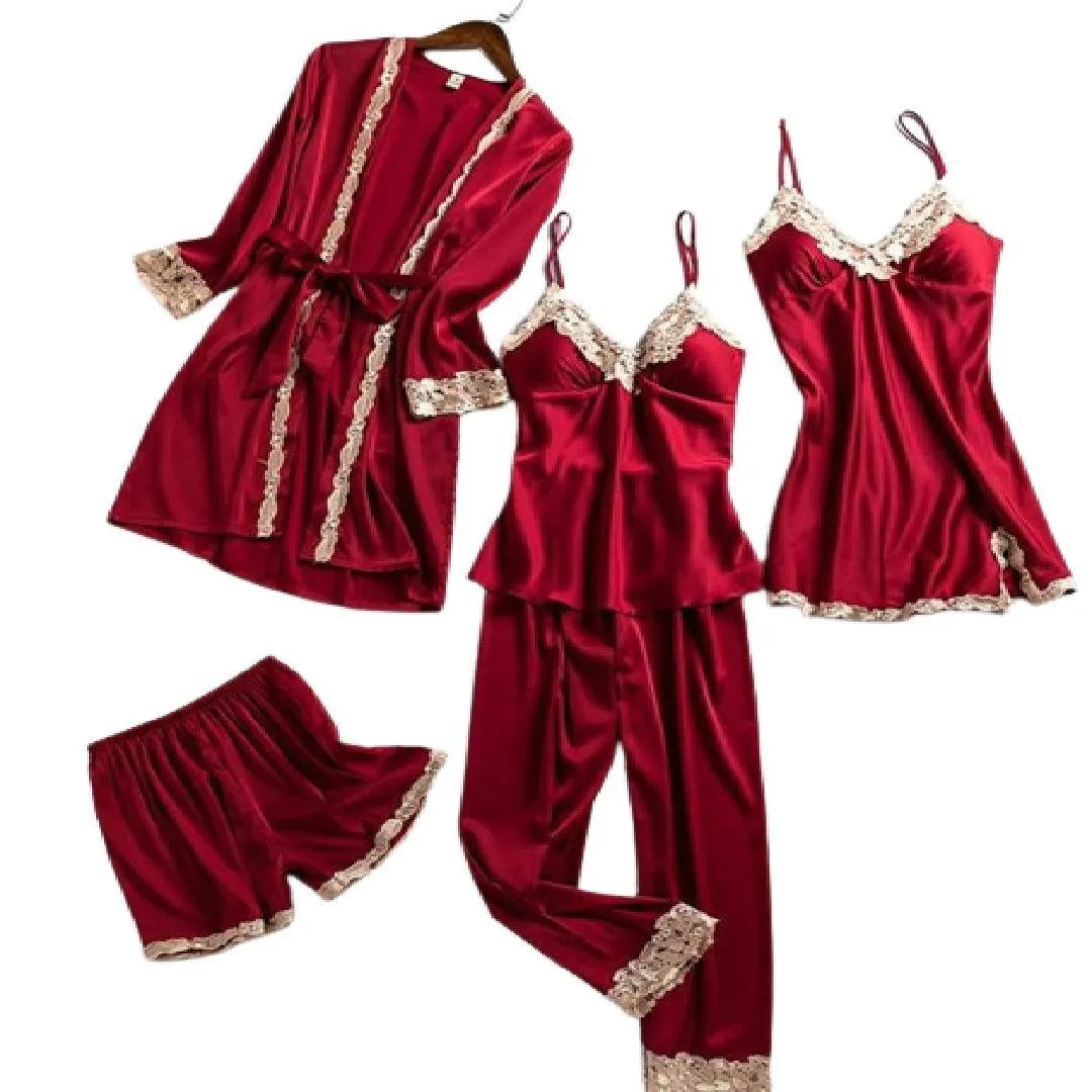 Bridal Nighty Set  Women Lace Silk Print Set Sleepwear 5Pcs Nightwear Set for Women