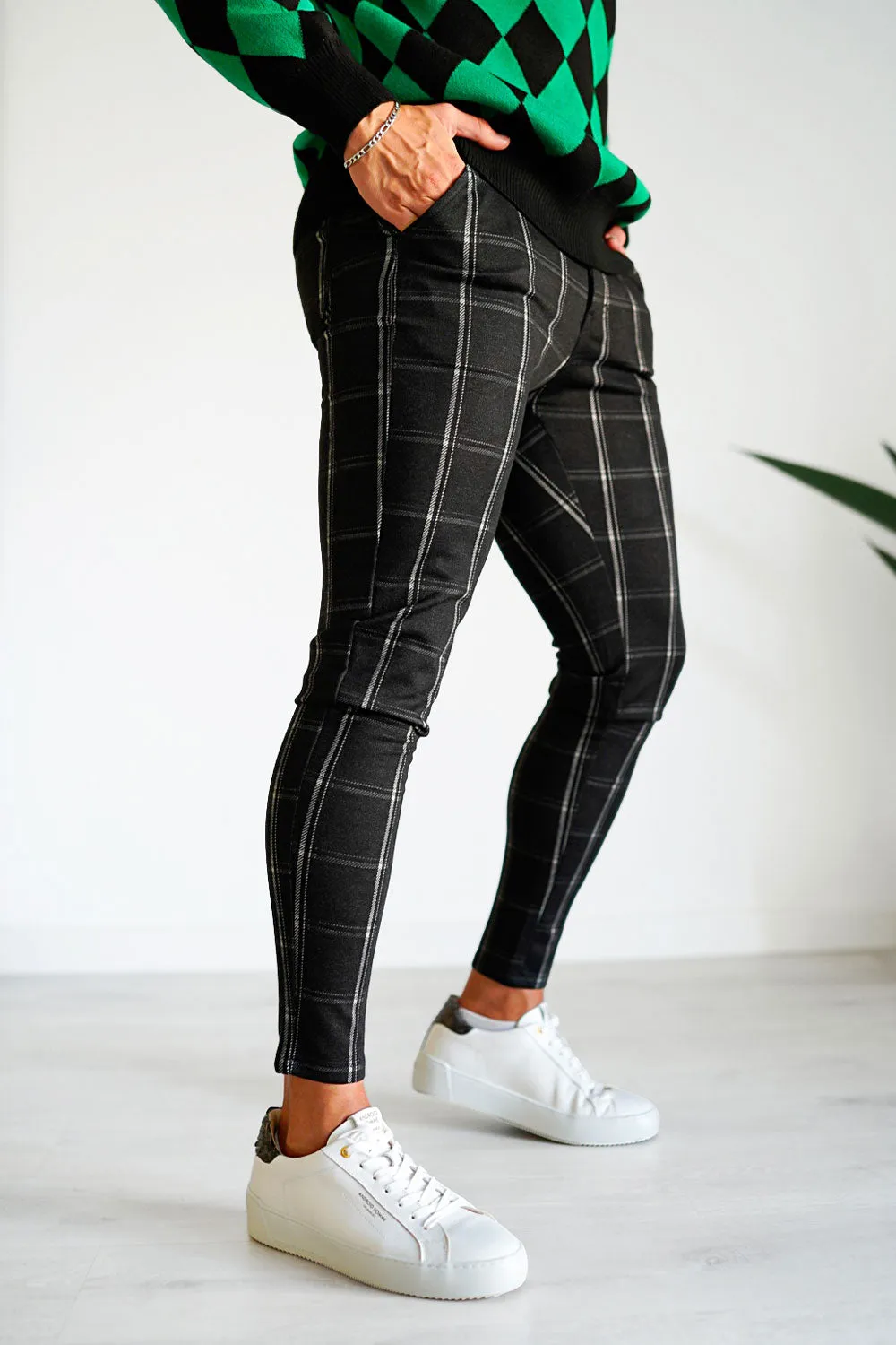 Buy $80 Free Shipping Men's Black Plaid Skinny Pants