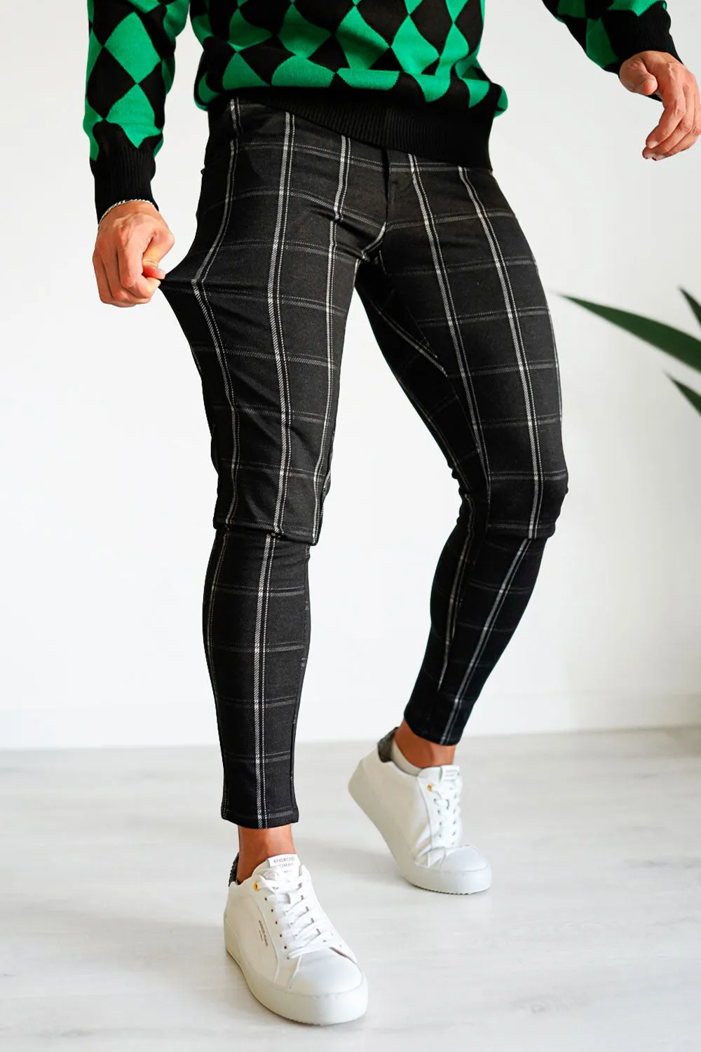 Buy $80 Free Shipping Men's Black Plaid Skinny Pants