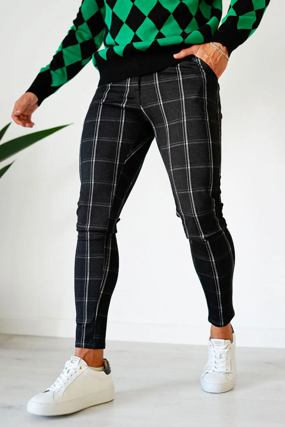 Buy $80 Free Shipping Men's Black Plaid Skinny Pants