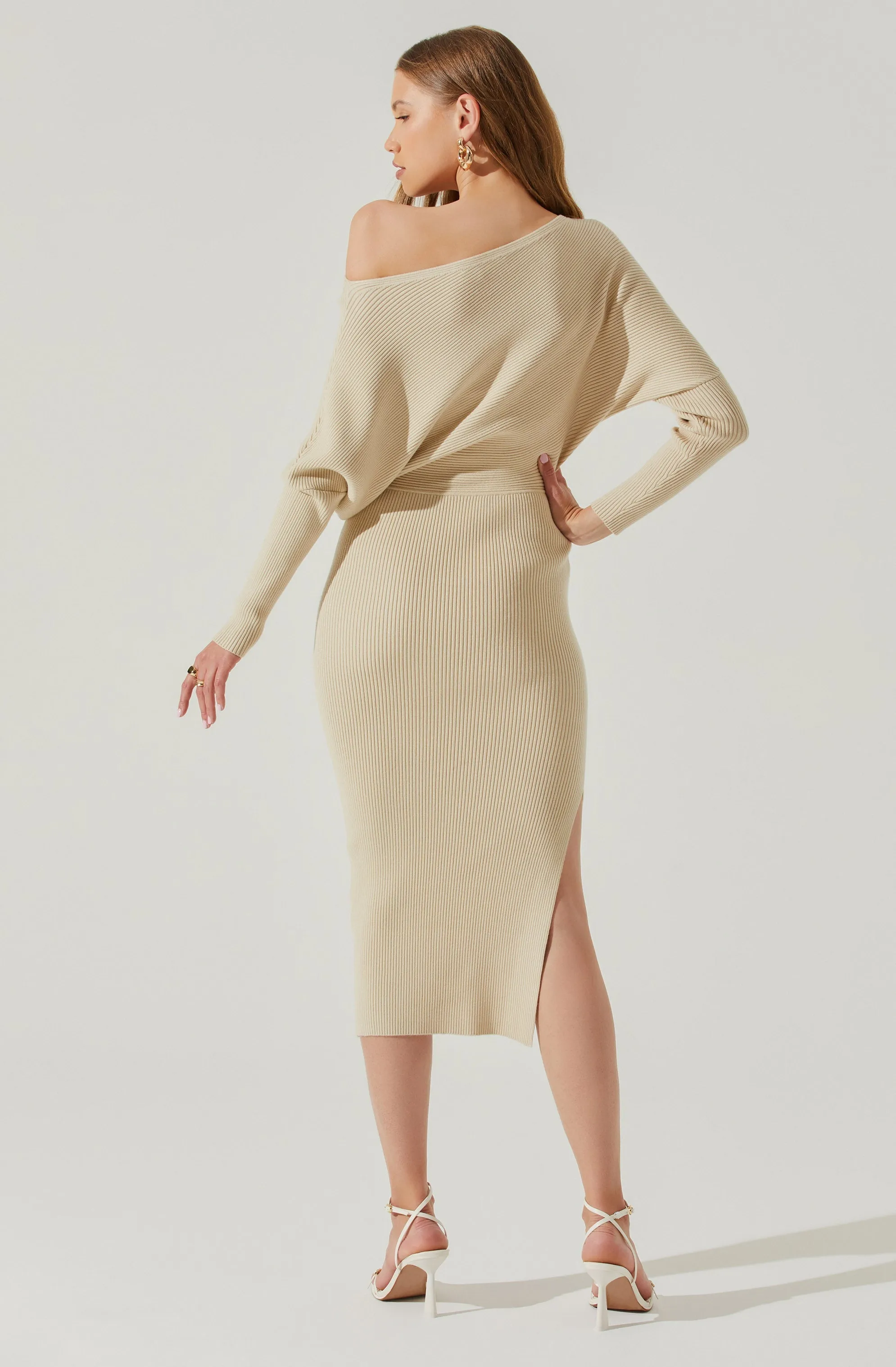 Caris Ribbed Off Shoulder Midi Sweater Dress