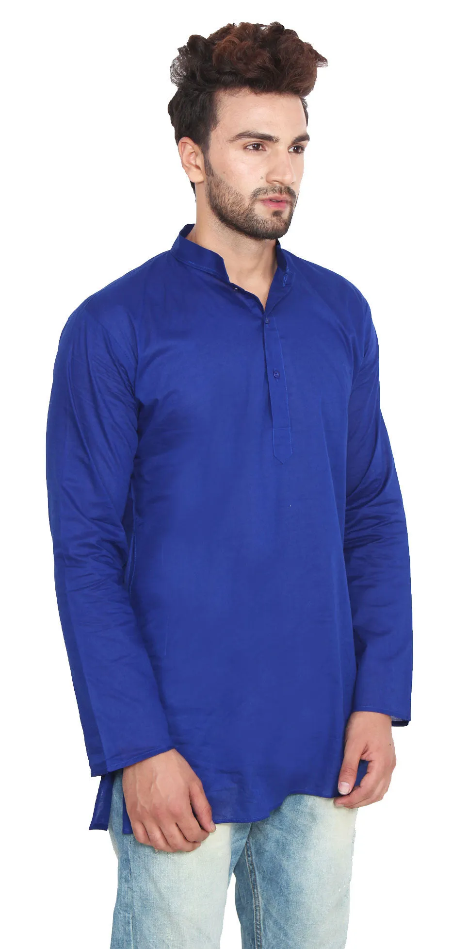 Cotton Dress Mens Short Kurta Shirt India Fashion Clothing (Blue)