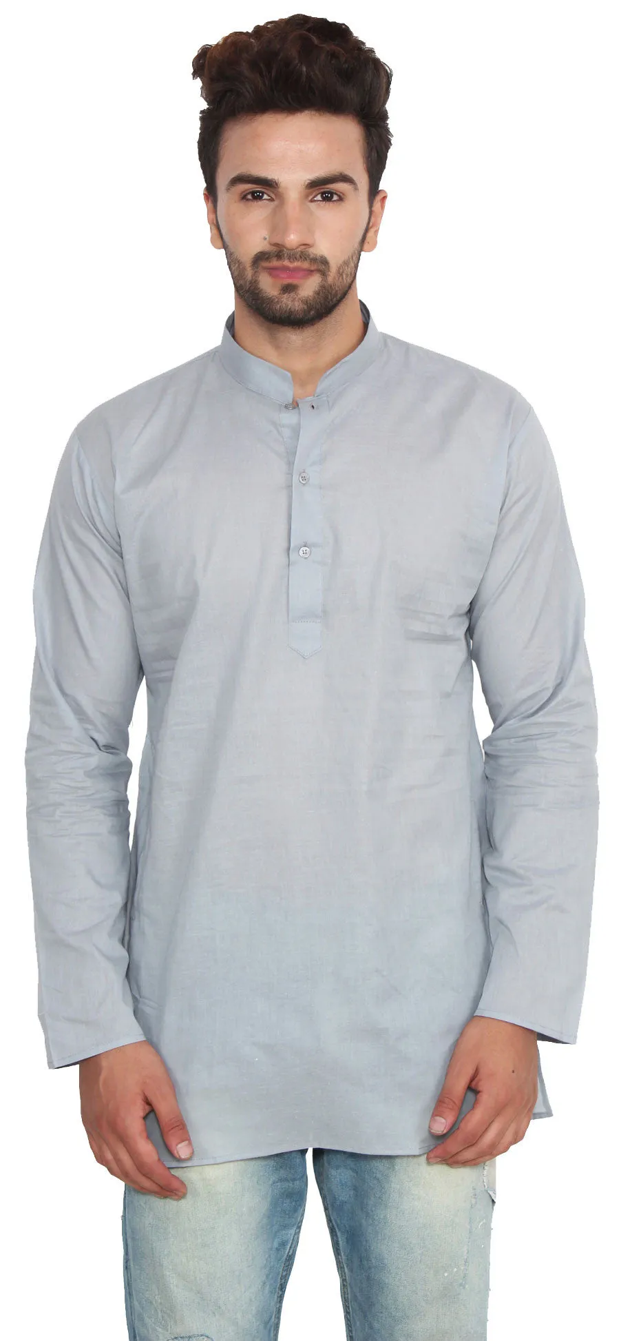 Cotton Indian Dress Mens Short Kurta Shirt Fashion Clothing (Grey)