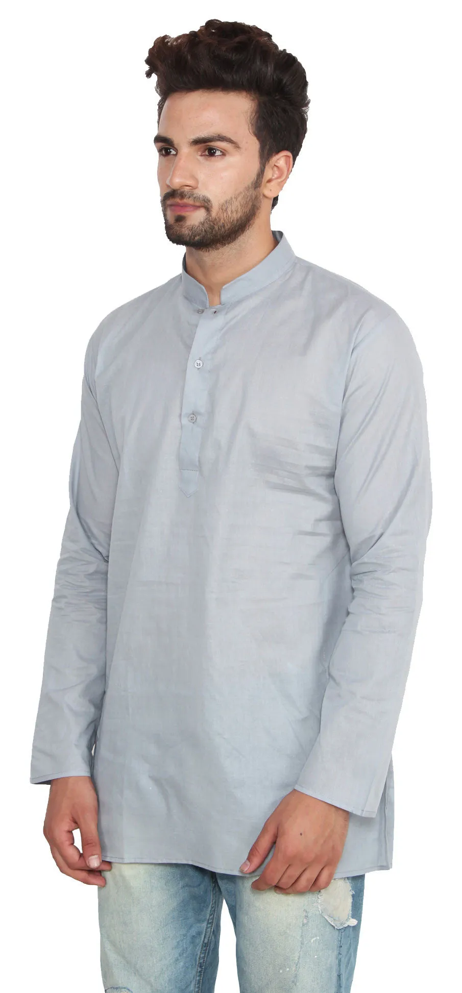 Cotton Indian Dress Mens Short Kurta Shirt Fashion Clothing (Grey)