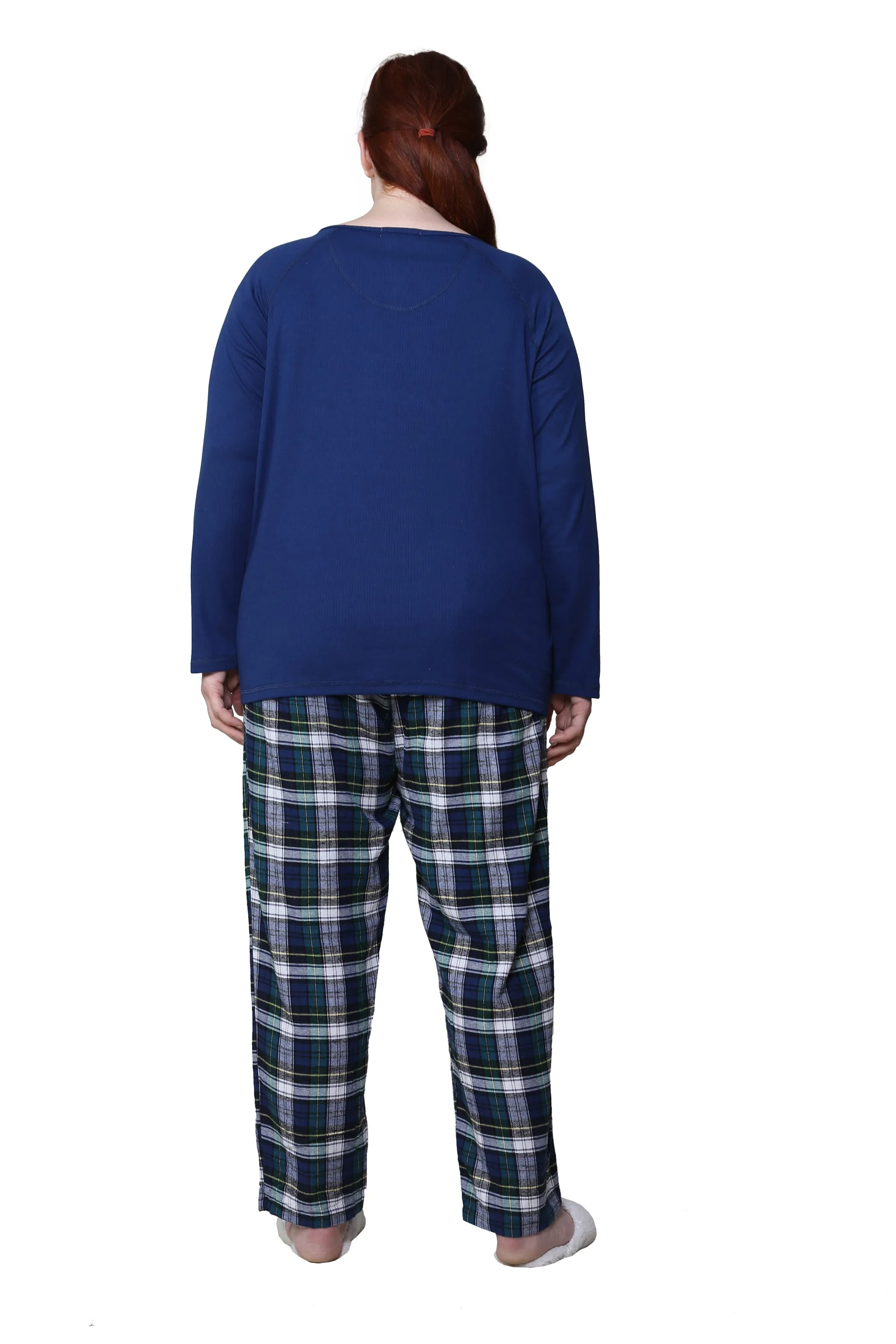 Cotton Knit Top With Flannel Pajama Set - Plus Size