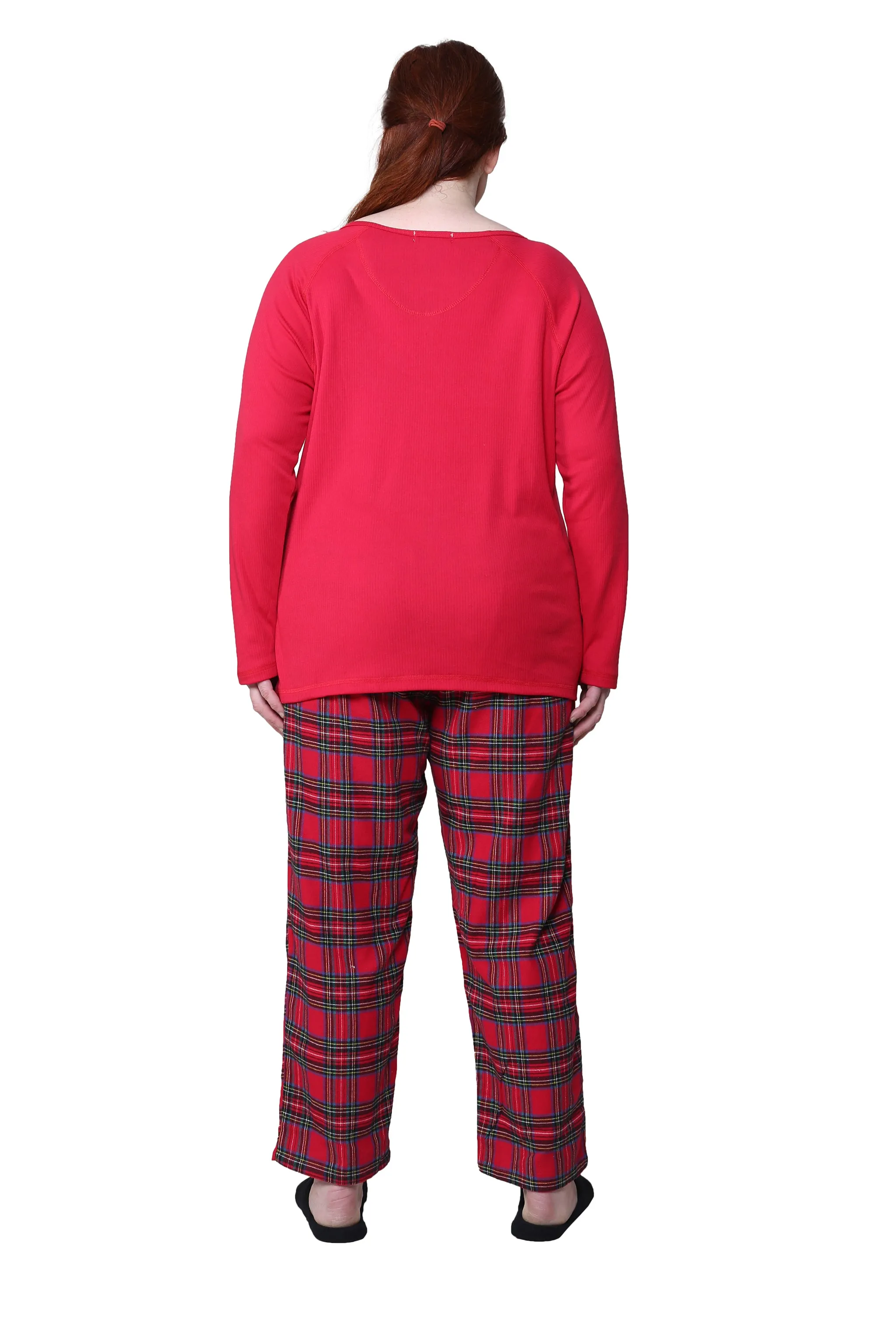 Cotton Knit Top With Flannel Pajama Set - Plus Size