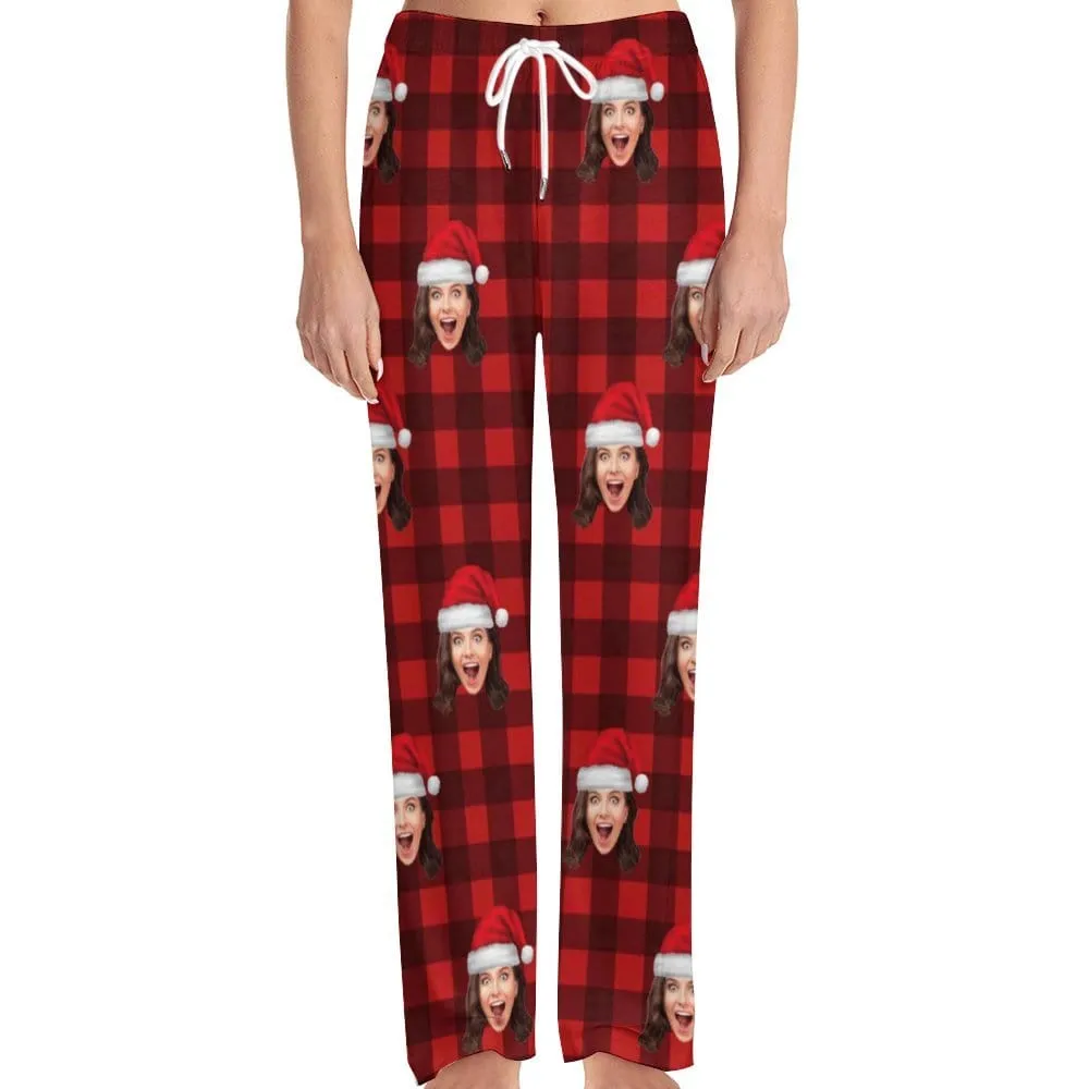 Custom Face Red Plaid Christmas Hat Sleepwear Personalized Women's&Men's Slumber Party Long Pajama Pants