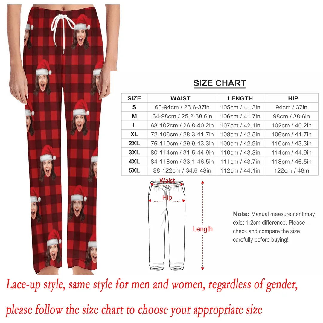 Custom Face Red Plaid Christmas Hat Sleepwear Personalized Women's&Men's Slumber Party Long Pajama Pants