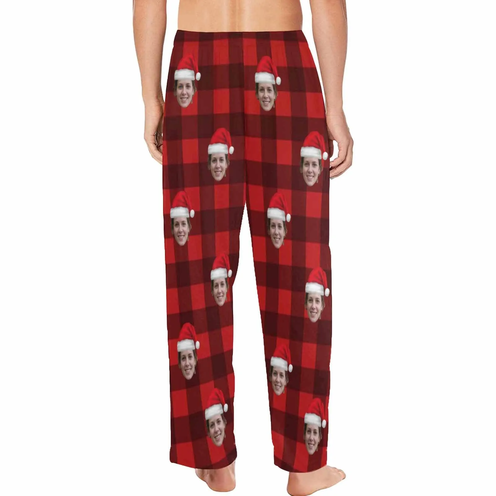 Custom Face Red Plaid Christmas Hat Sleepwear Personalized Women's&Men's Slumber Party Long Pajama Pants