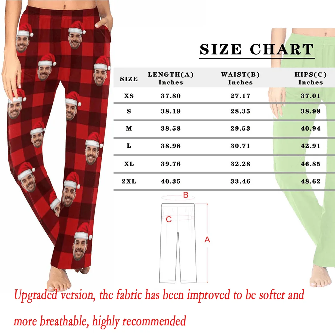 Custom Face Red Plaid Christmas Hat Sleepwear Personalized Women's&Men's Slumber Party Long Pajama Pants