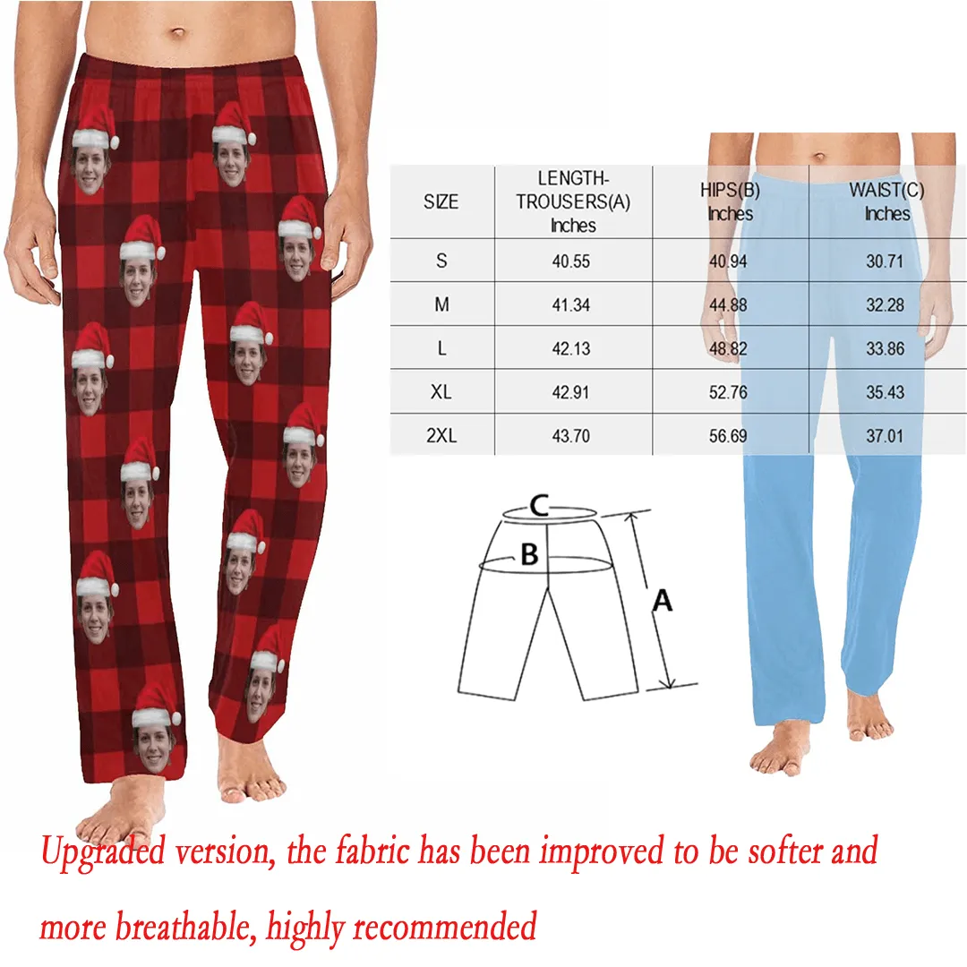 Custom Face Red Plaid Christmas Hat Sleepwear Personalized Women's&Men's Slumber Party Long Pajama Pants