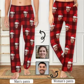 Custom Face Red Plaid Christmas Hat Sleepwear Personalized Women's&Men's Slumber Party Long Pajama Pants