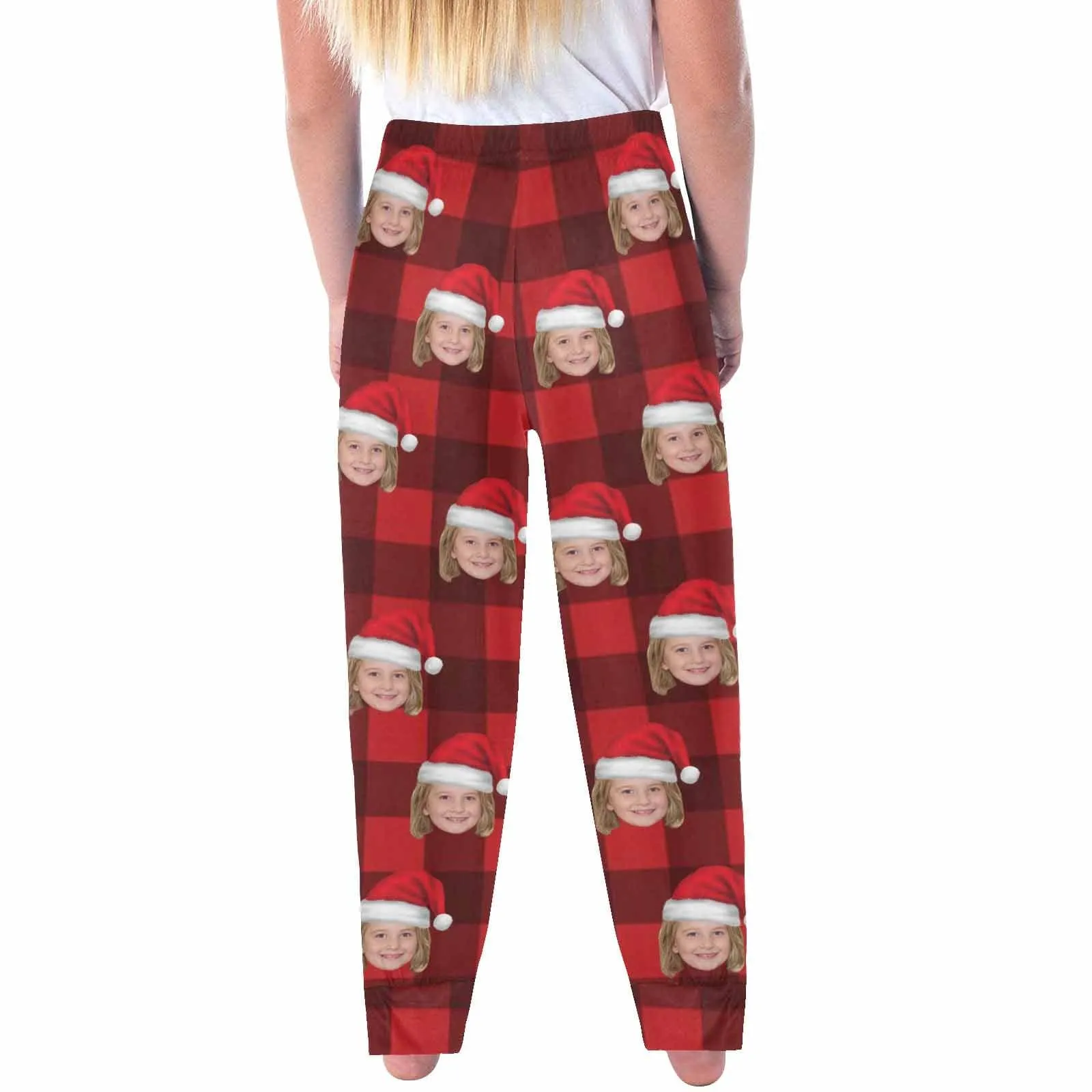 Custom Face Red Plaid Christmas Hat Sleepwear Personalized Women's&Men's Slumber Party Long Pajama Pants