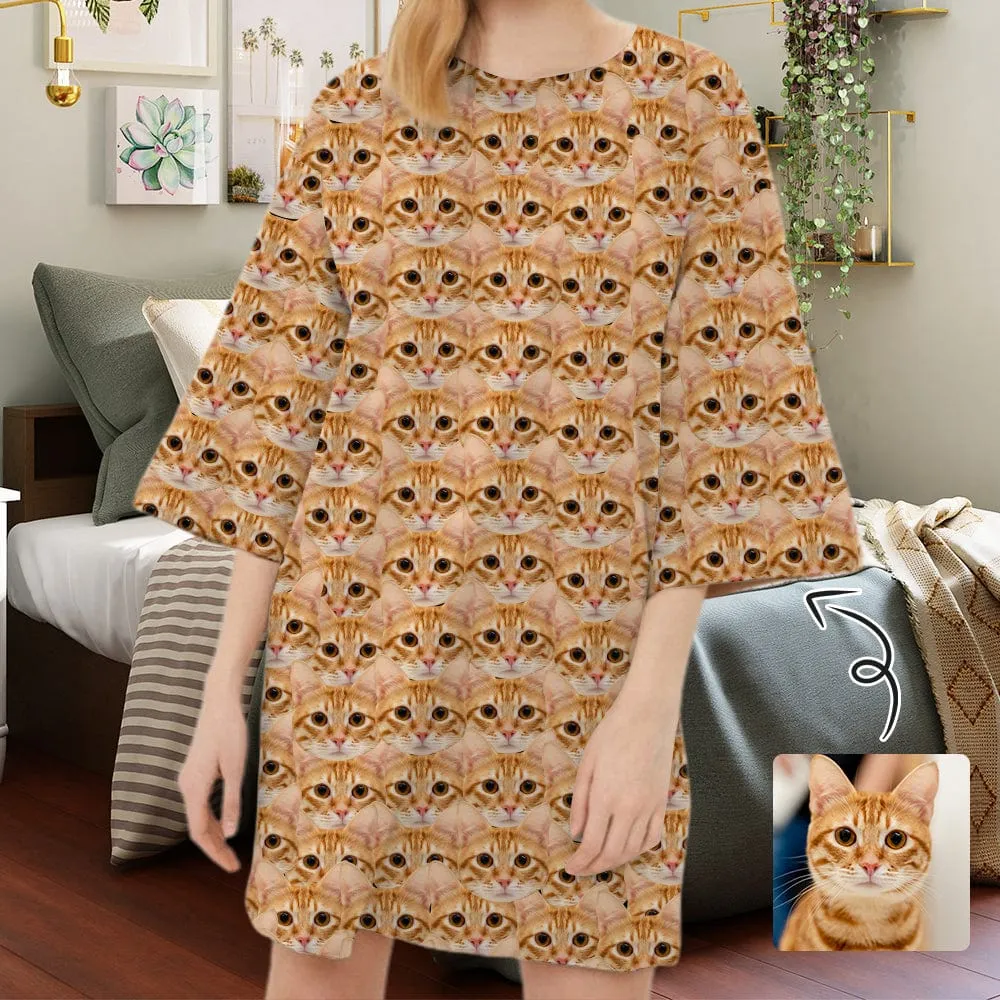 Custom Pet Seamless Face Pajamas for Women's Oversized Sleep Tee Personalized Women's Loose Nightshirt Sleepwear