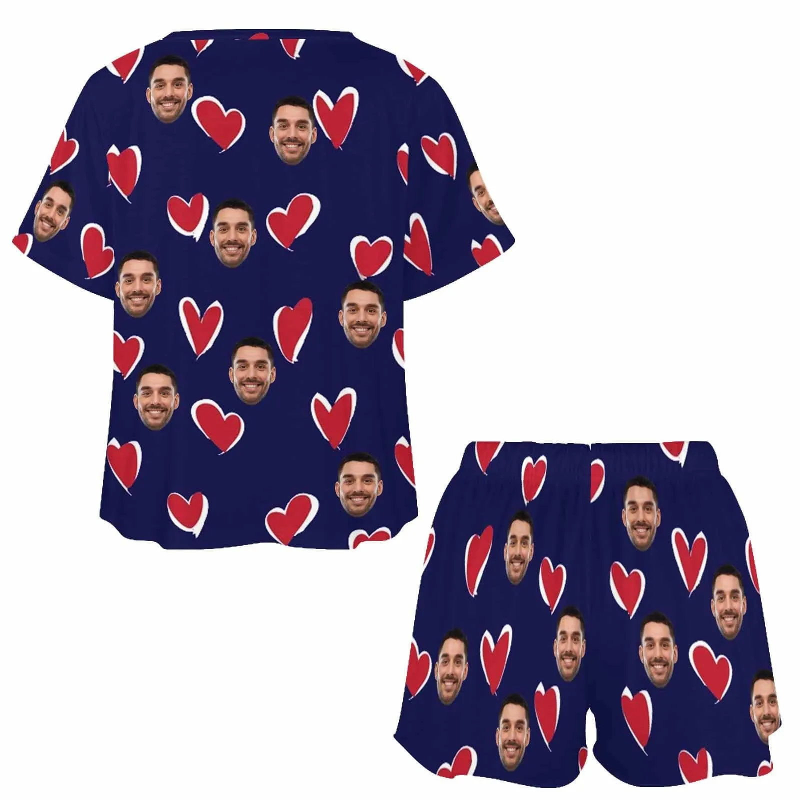 【Discount - limited time】Custom Face Heart Blue Pajama Set Women's Short Sleeve Top and Shorts Loungewear Athletic Tracksuits