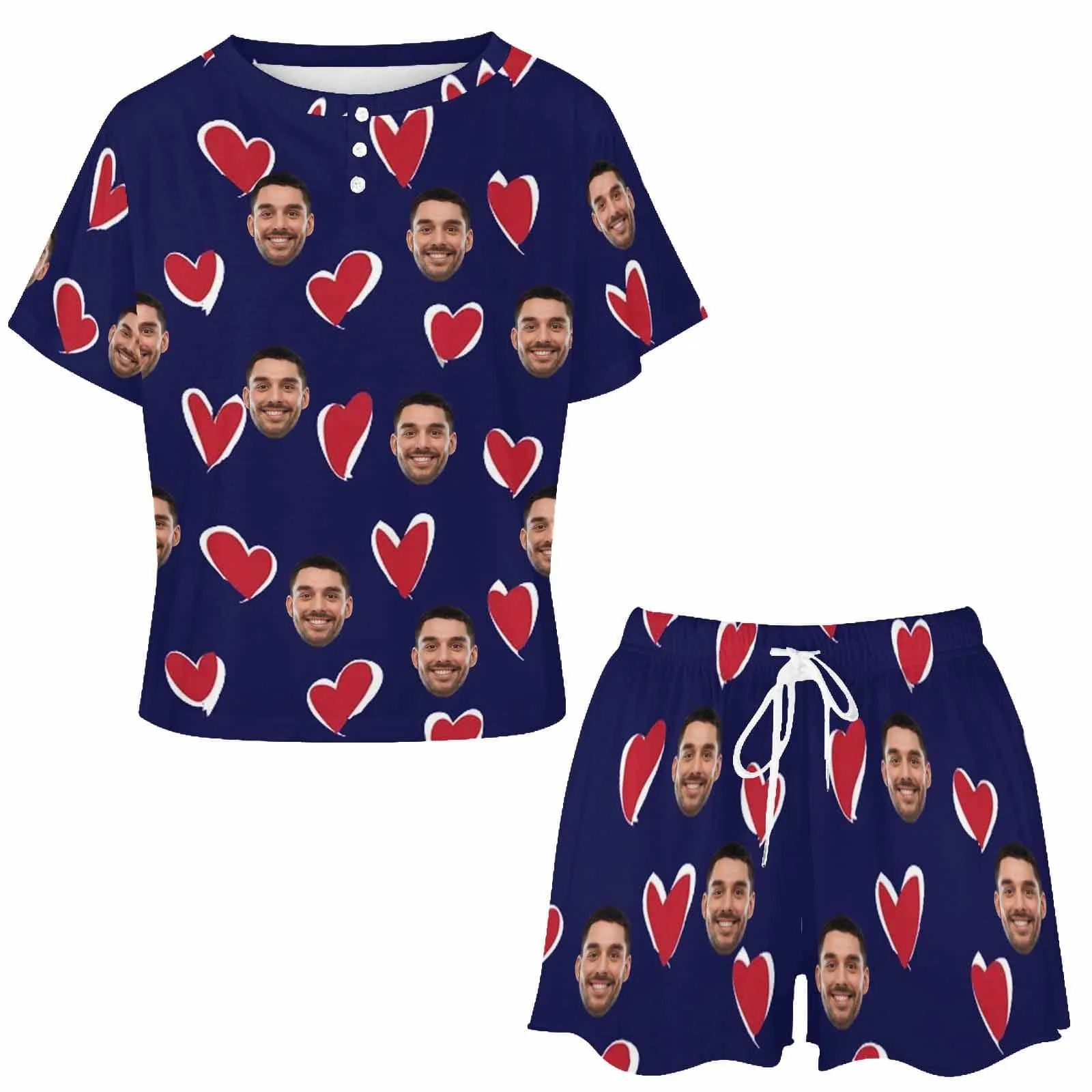 【Discount - limited time】Custom Face Heart Blue Pajama Set Women's Short Sleeve Top and Shorts Loungewear Athletic Tracksuits