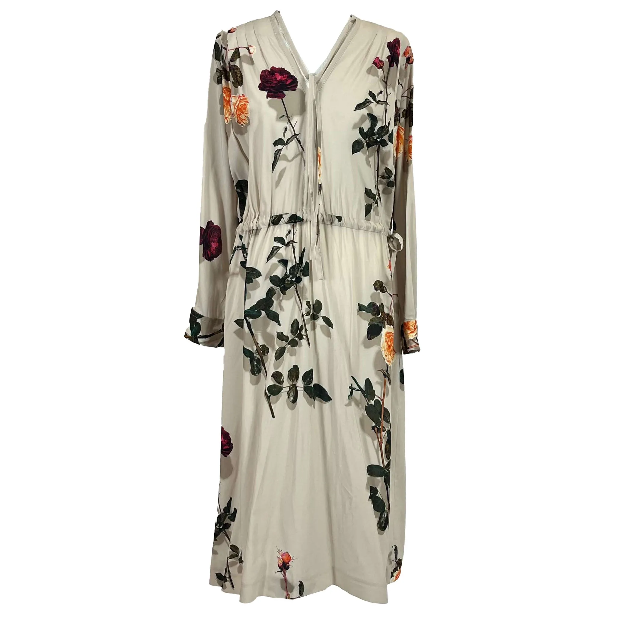 Dries Van Noten Nude Rose Print Crepe Maxi Dress M