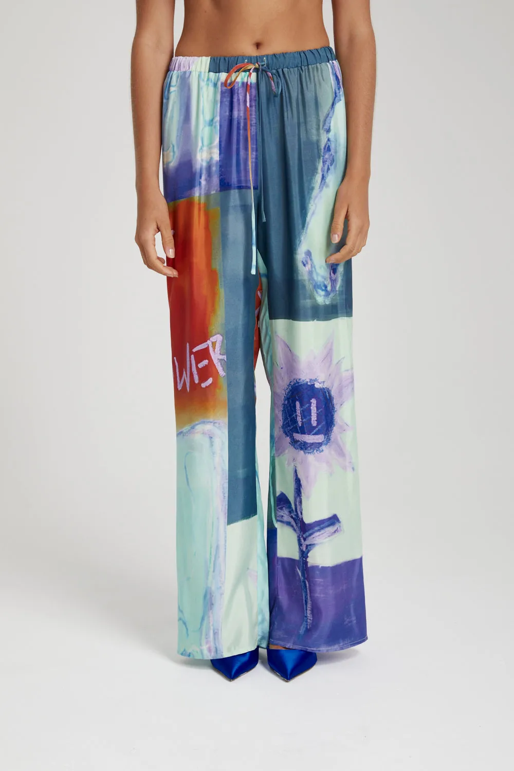 Elastic Waist Drawstring Pant - Blue Sunflower