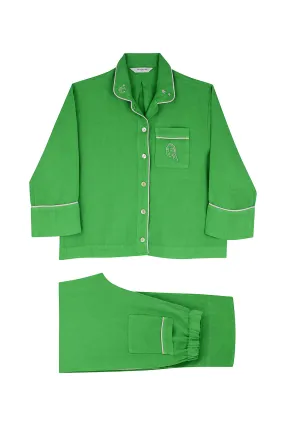 Embroidered Aubrey Green Linen Pyjama Set