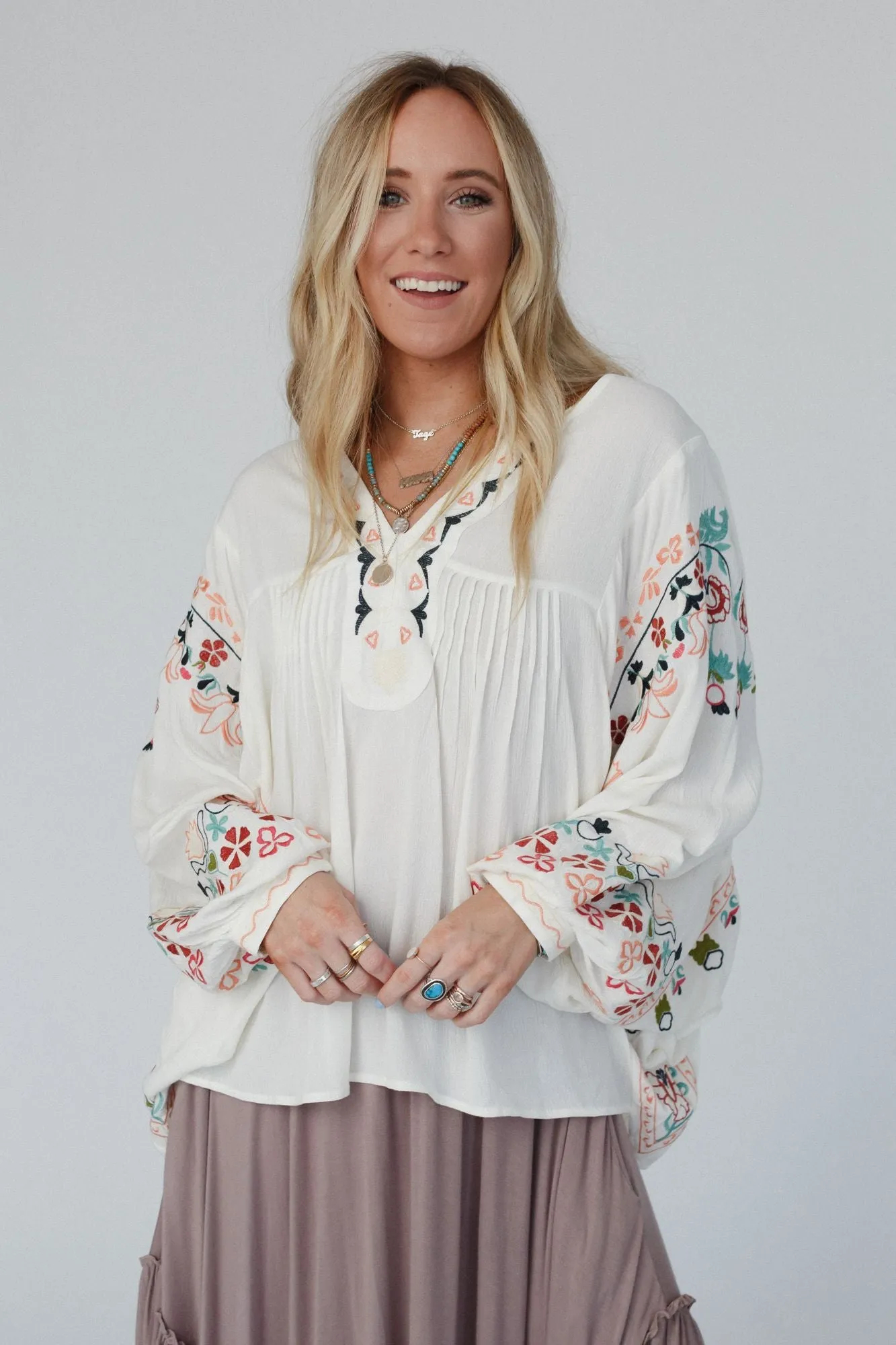 Frida Embroidered Dolman Sleeve Top - Ivory