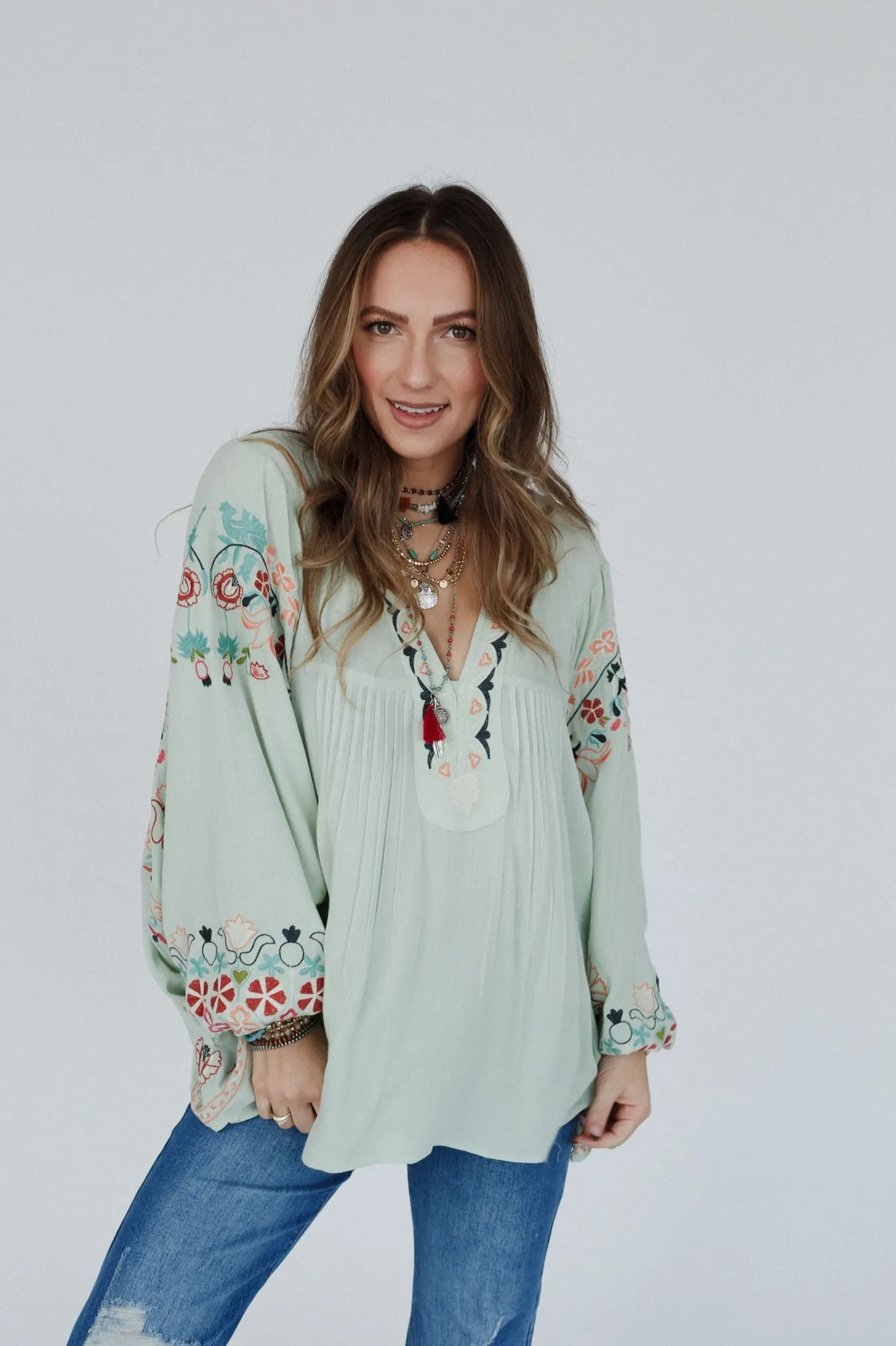 Frida Embroidered Dolman Sleeve Top - Mint