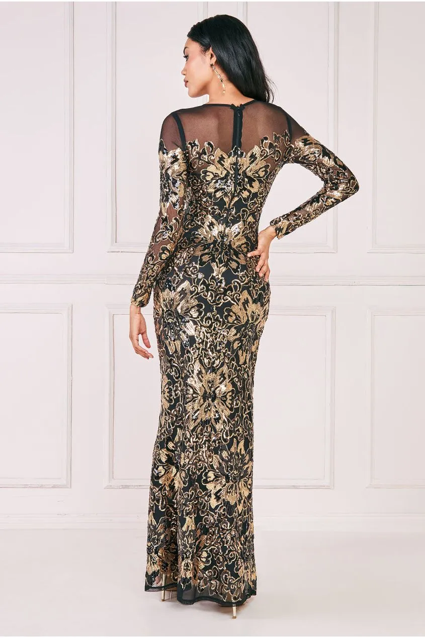 Goddiva Floral Sequin Mesh Maxi