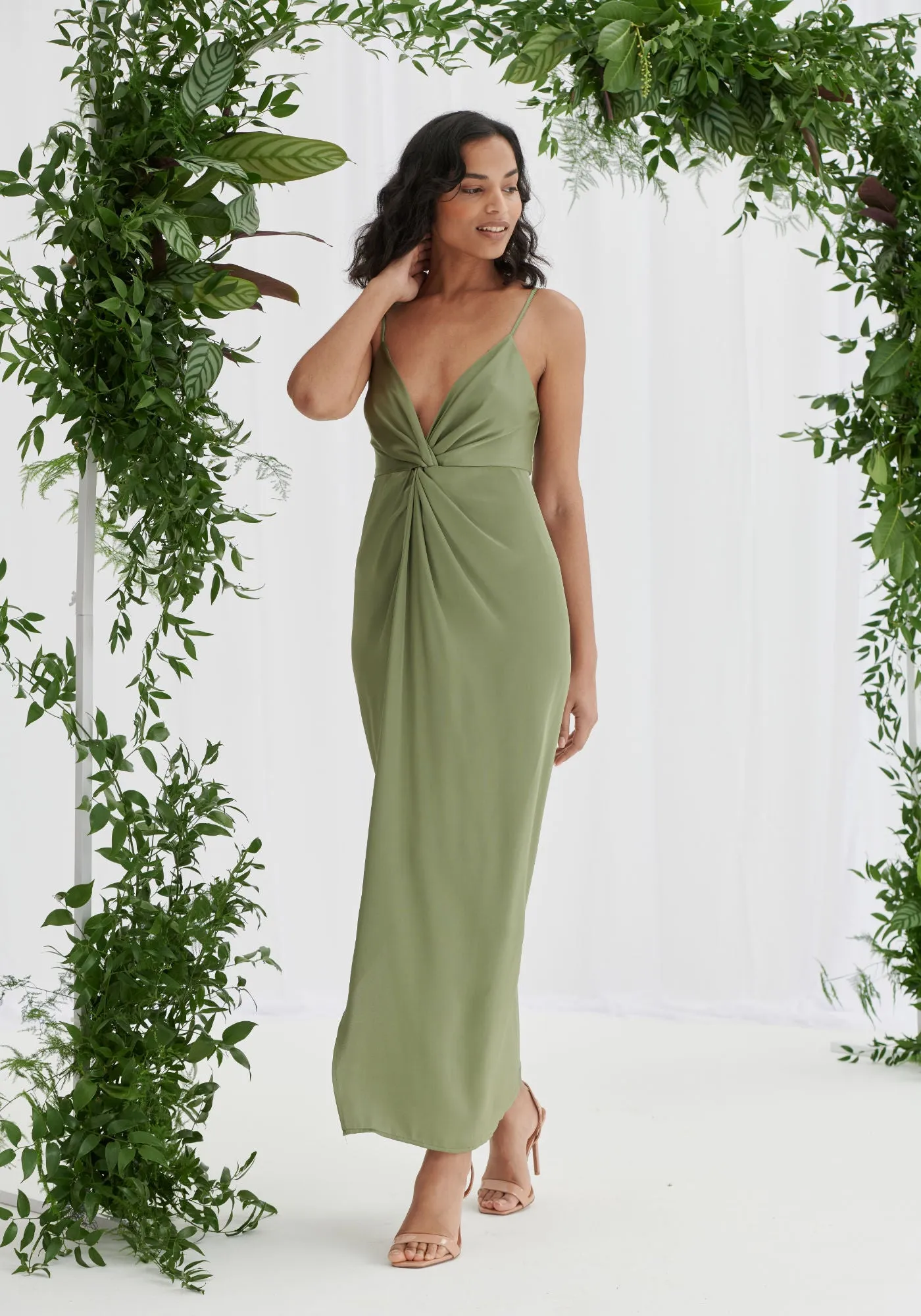 Janette Twist Front Satin Dress - Olive