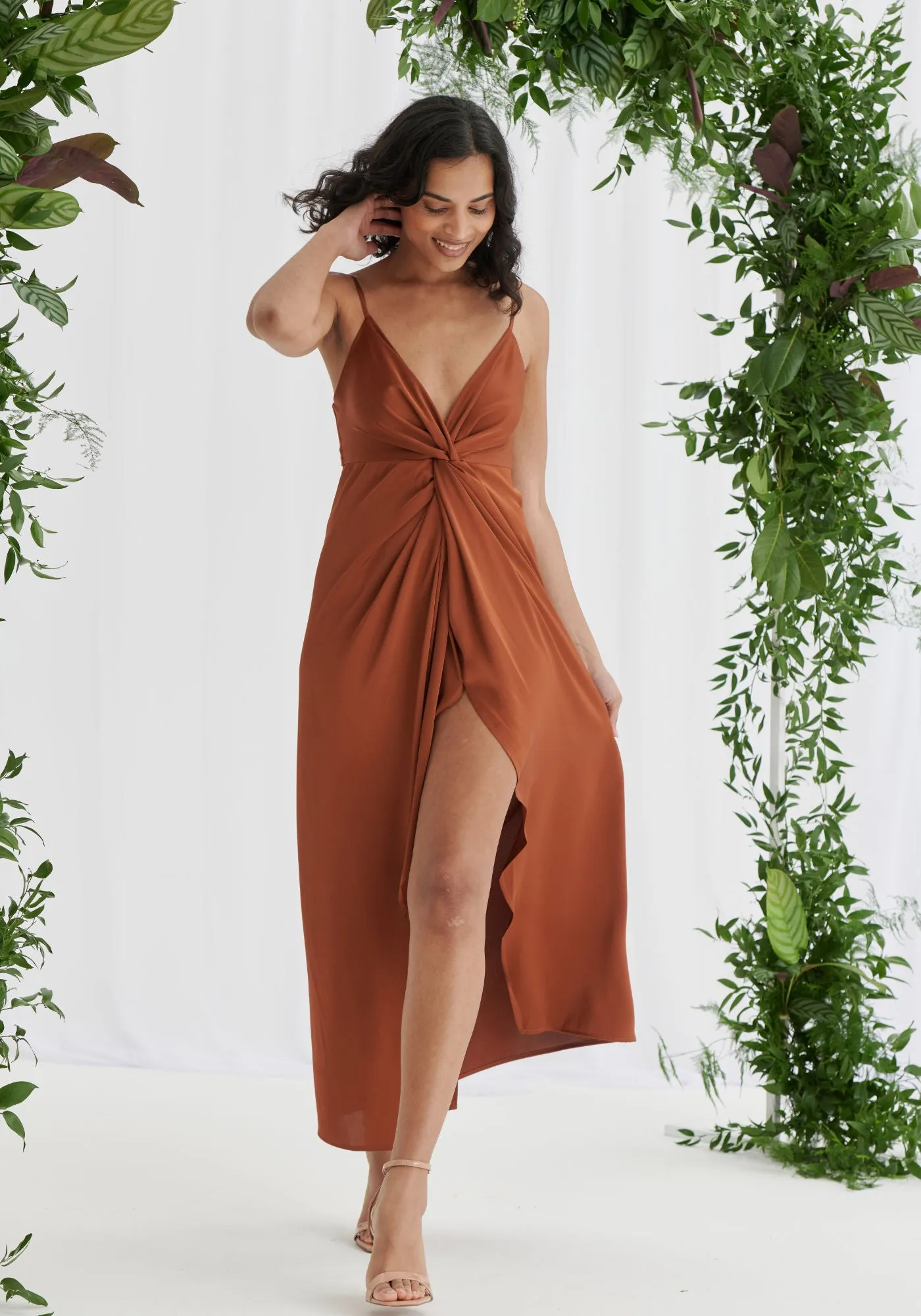 Janette Twist Front Satin Dress - Rust