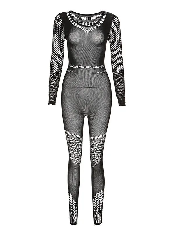 Knitted Long Sleeve See Through Jumpsuit