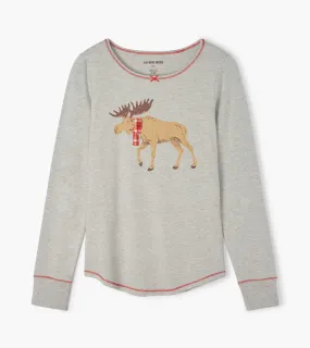 Little Blue House Moose On Grey  Women's Stretch Jersey Top