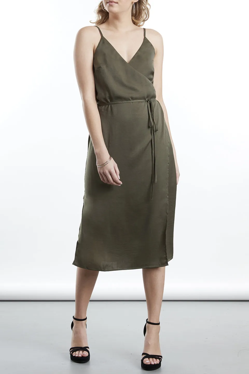 Lover Strappy Wrap Khaki Satin Midi Dress